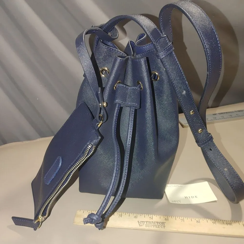 Hide Zabari Navy Blue Drawstring Bucket Bag Detachable Pouch Adjustable Strap - Image 2