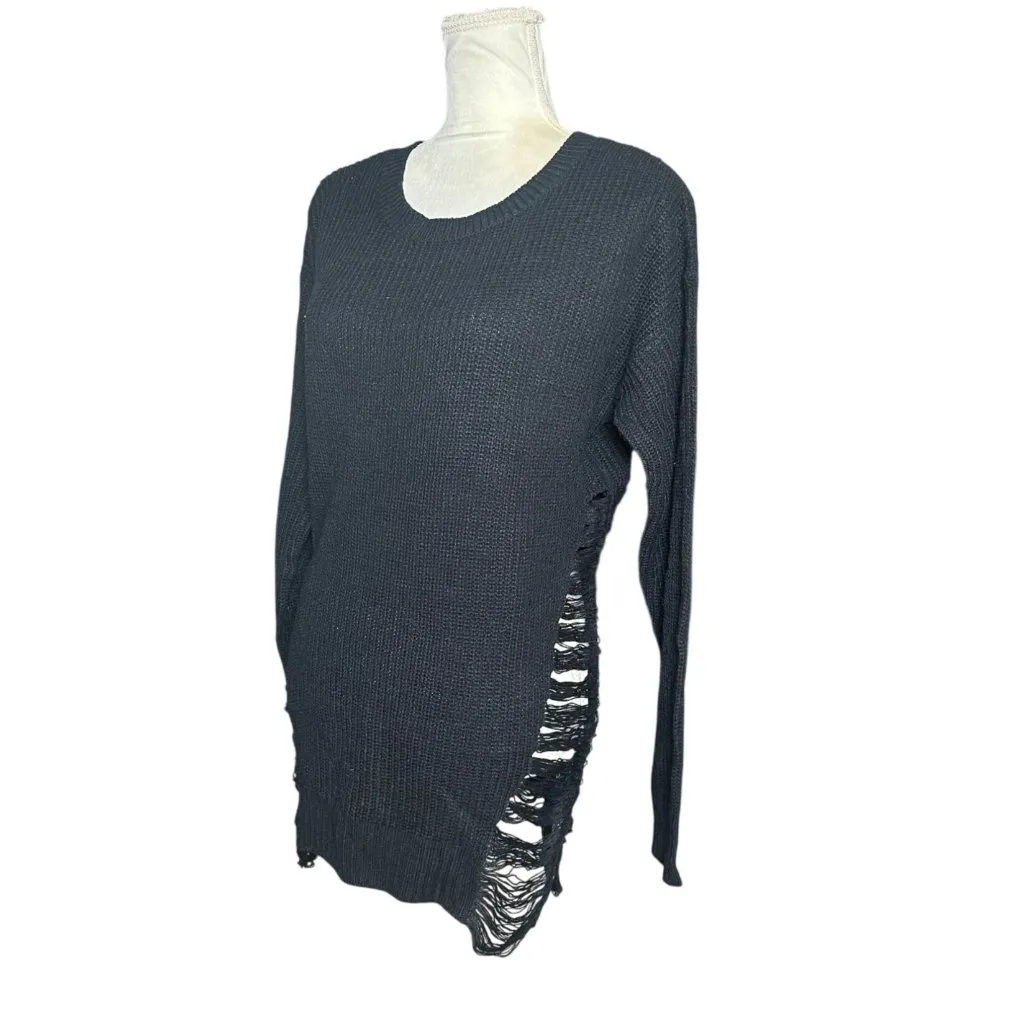 Trendy Threads Black Distressed Knit Sweater Tunic • Shredded Side Detail • L Size L - Image 3