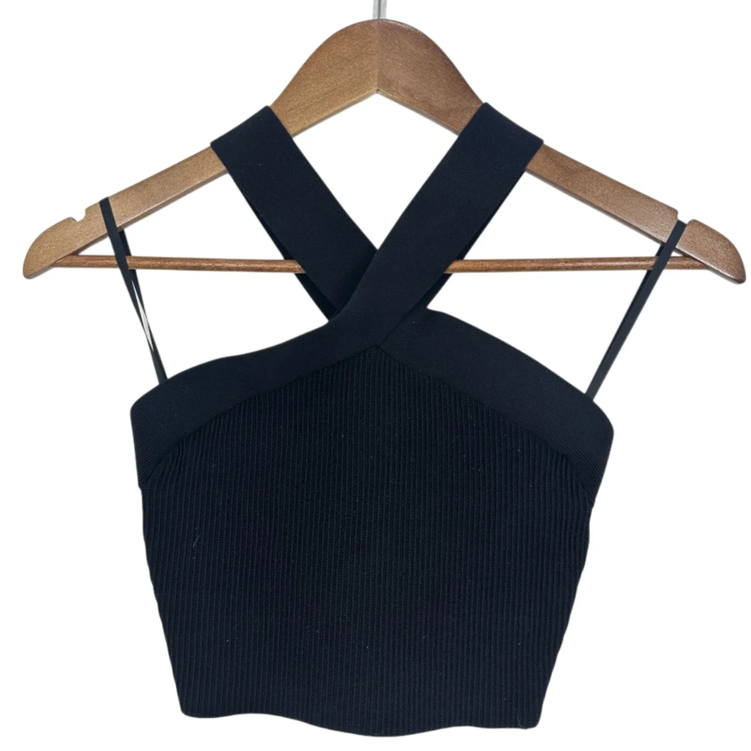 Babaton Black Ribbed Sculpt Knit Crisscross Halter Crop Top Size S - Image 3