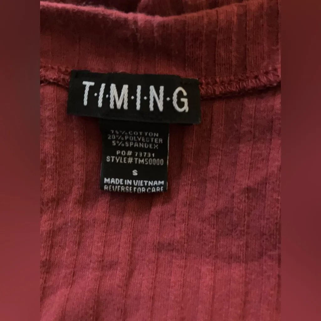 Timing Burgundy Ribbed Long Sleeve Lace-Up Open Crop top, V-Neck, Size S - Image 5