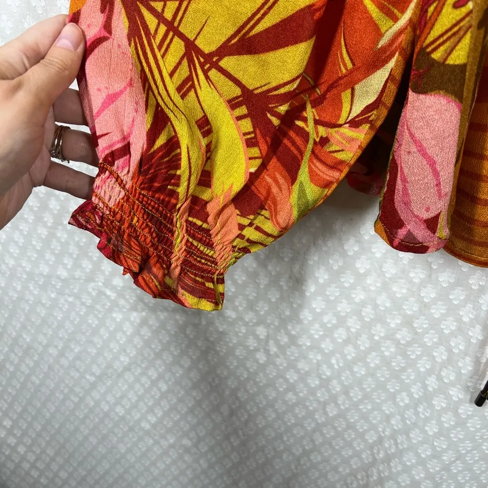 Anthropologie Blank Orange Pink Floral Puff‎ Sleeve Ruffle Top - Image 4