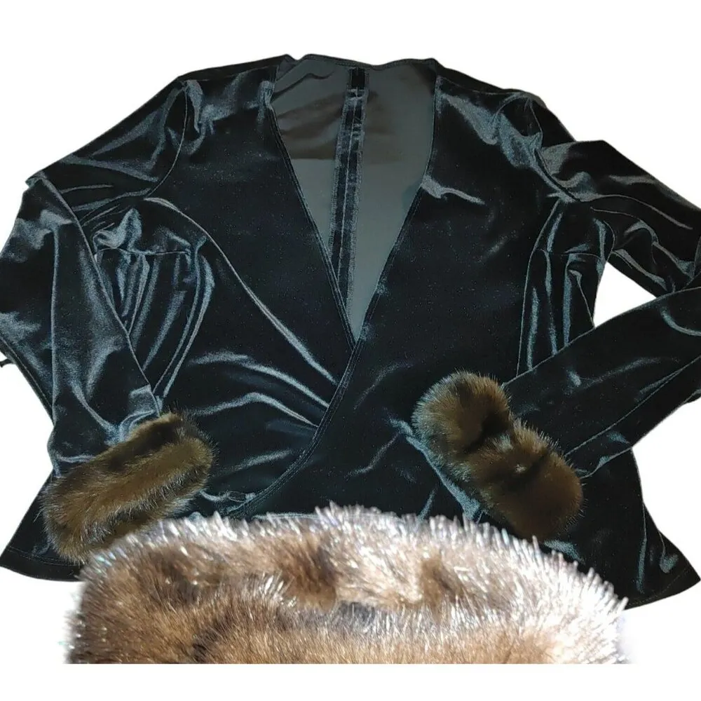 Black Velvet Blouse Jacket Top Chetta B NYC Real Mink Fur Cuff Crossover - Image 3