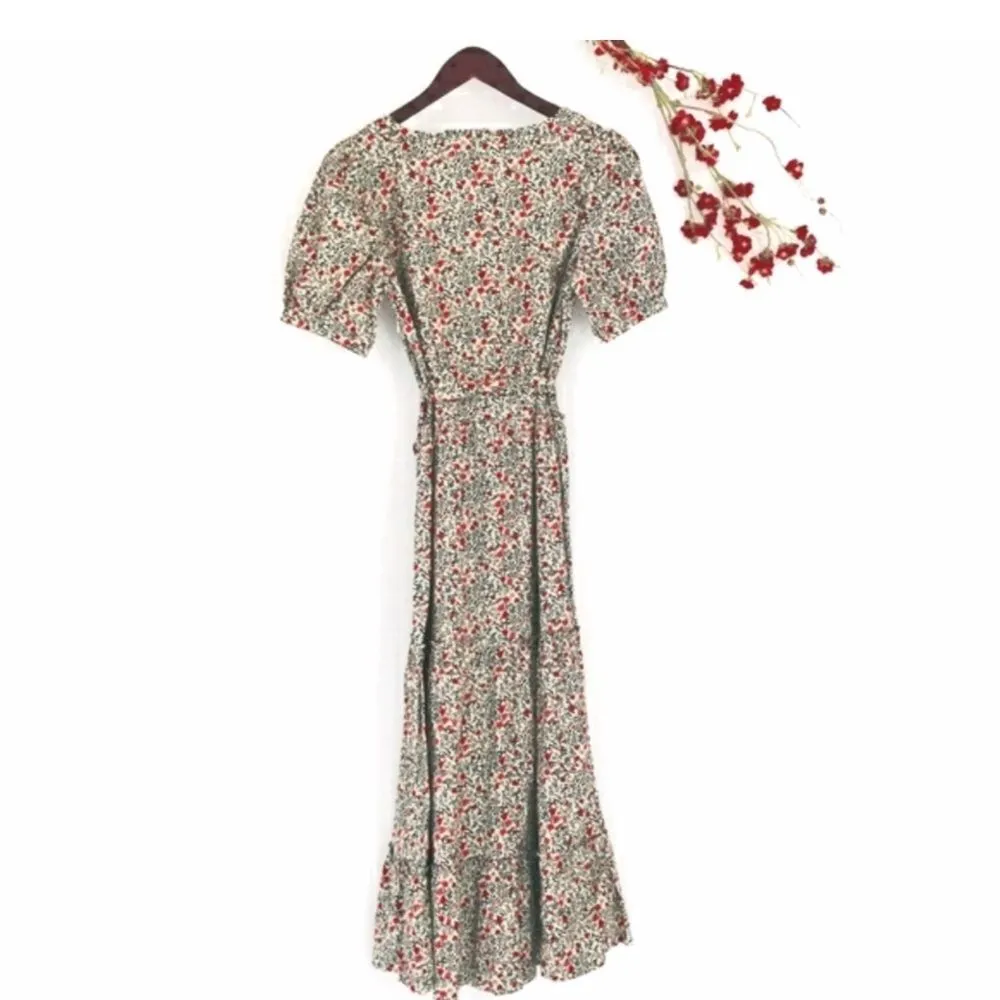 Free People Heartlands Floral Puff Sleeve Tiered Cotton Midi Maxi Dress Size S - Image 7