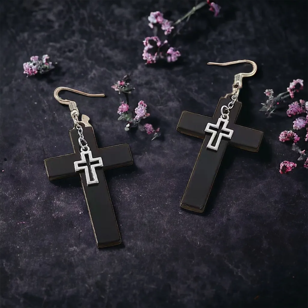 Unique design double layer black cross light weight plastic dangle‎ earrings - Image 3