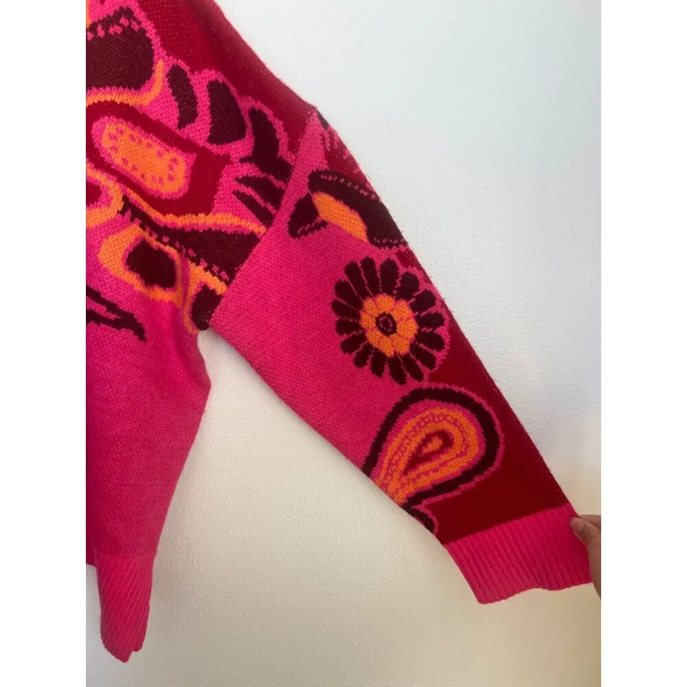 FARM RIO Cutout Asymmetrical Knit Bold Pink Floral Turtleneck Wool Blend Sweater - Image 3