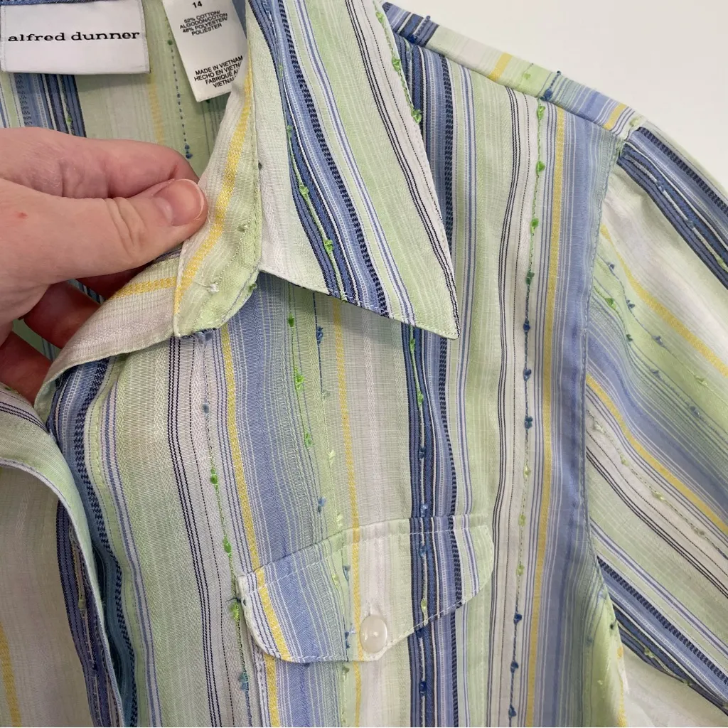 ALFRED DUNNER White Green Blue Striped Short Sleeve Cotton Button Down Shirt 14 - Image 4