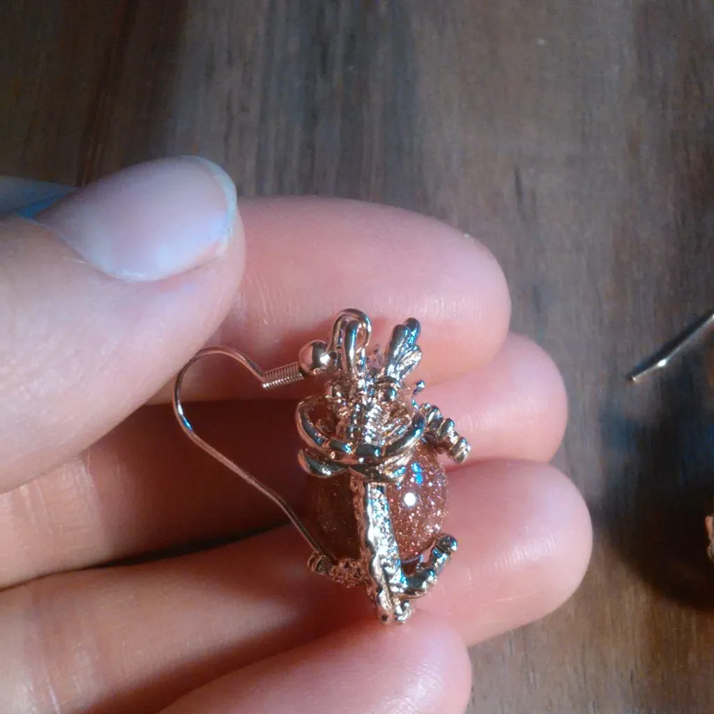 Gold Sandstone and Brown Austrian Crystal Dragon Dangle Earrings - Image 4