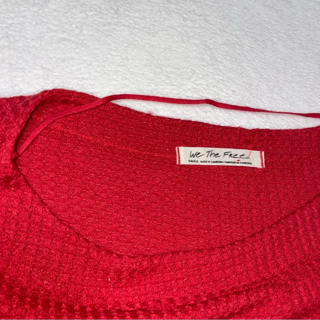 Womens Free People North Shore Red Waffle Knit Thermal Long Sleeve Top siz Small - Image 4