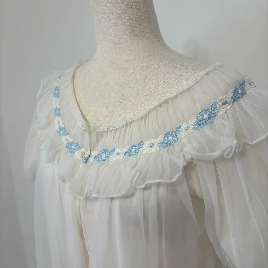 Vintage 70s Gotham White Peignoir Robe Blue Flower Sz S - Image 2