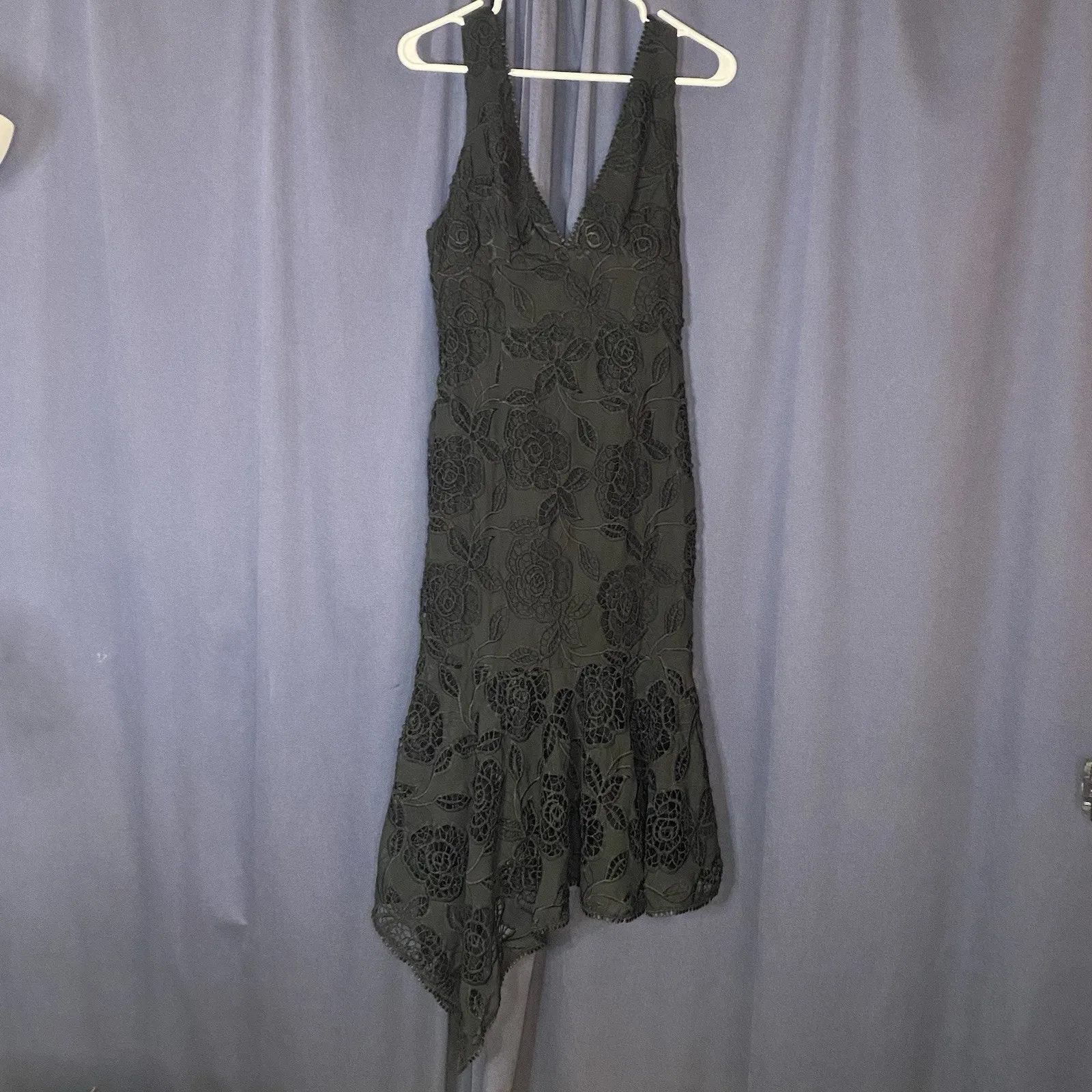 Karina Grimaldi Black Floral Lace Asymmetric Midi Dress Party Birthday Size S - Image 4