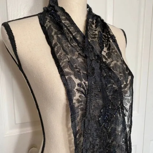 Vintage Black Lace 70 inch Scarf with Fringe - Image 2