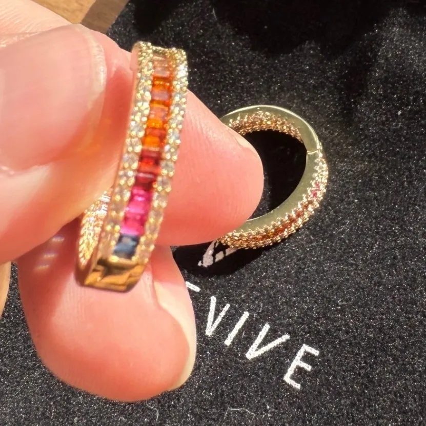 GENEVIVE Gold Tone Hoop Earrings Prismatic Gemstones CZ Accents Women New in Bag - Image 5