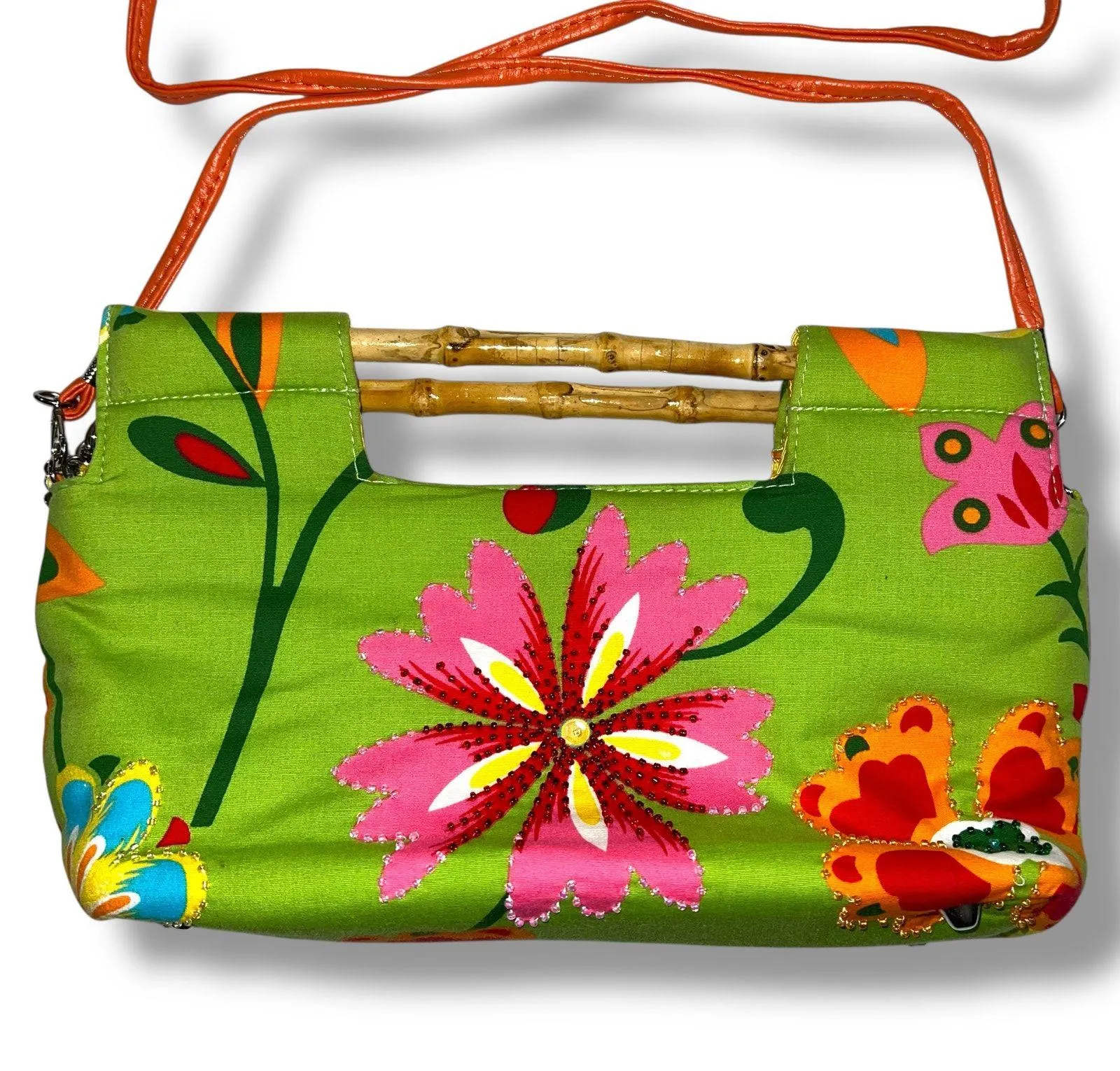 Vintage Y2K Braciano Purse Bag Tropical Floral Beaded Bamboo Handles Green Pink - Image 2