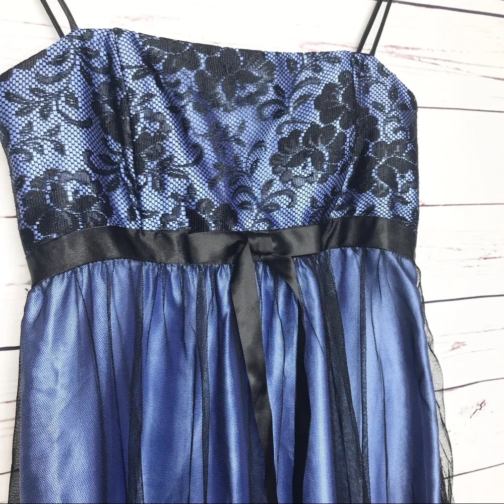 Vintage Gunne Sax Blue Satin & Black Floral Lace Prom Party Dress Size Small - Image 3