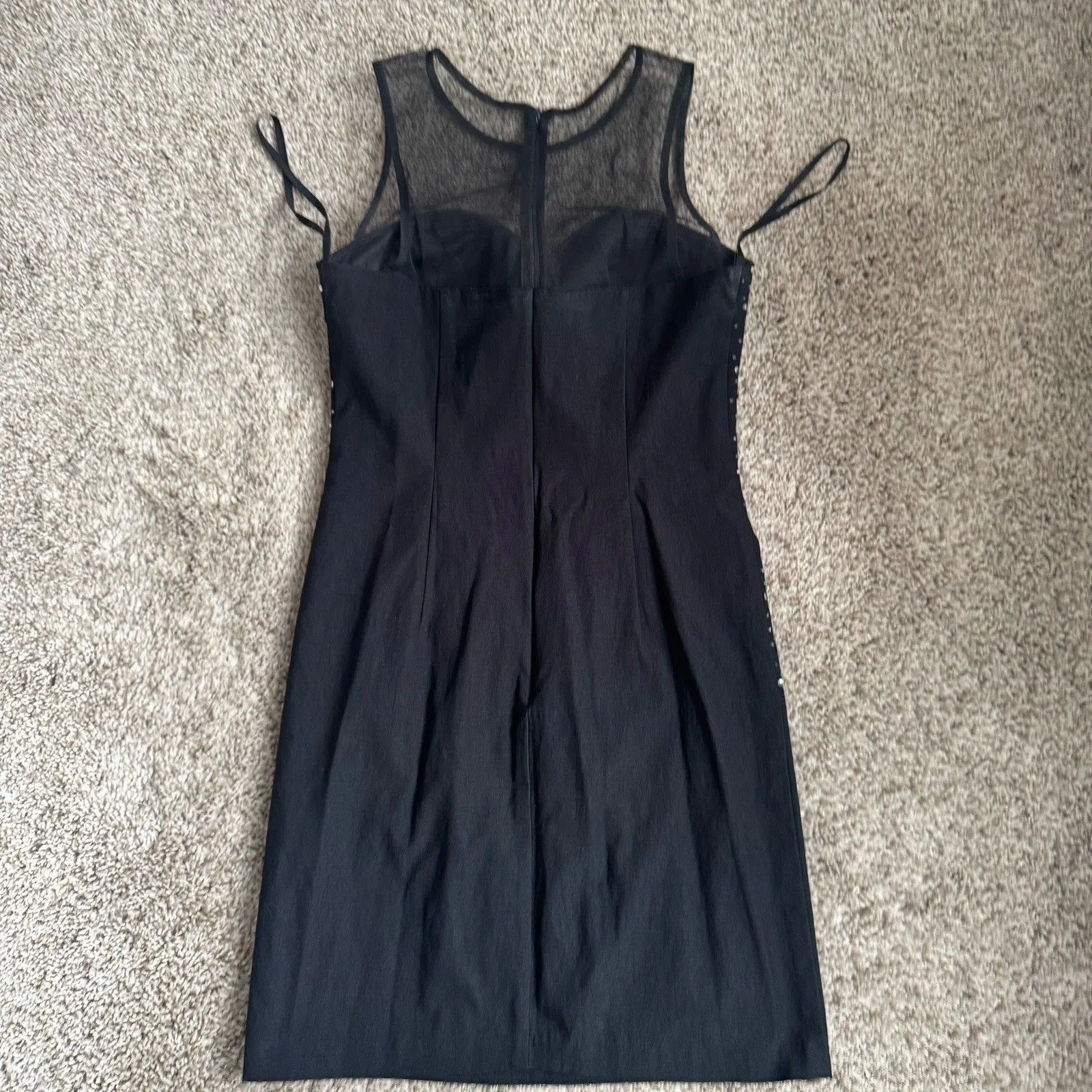 Women’s Vintage Look Form Fitting Black Sequin / Mesh Top Knee Length Dress Sz 5 - Image 5