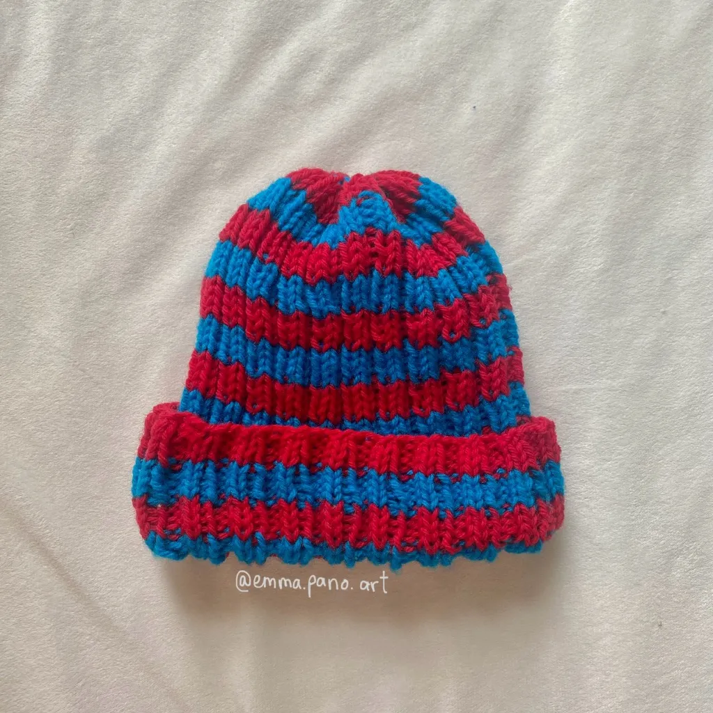 red blue striped hand knit ribbed beanie - Image 9