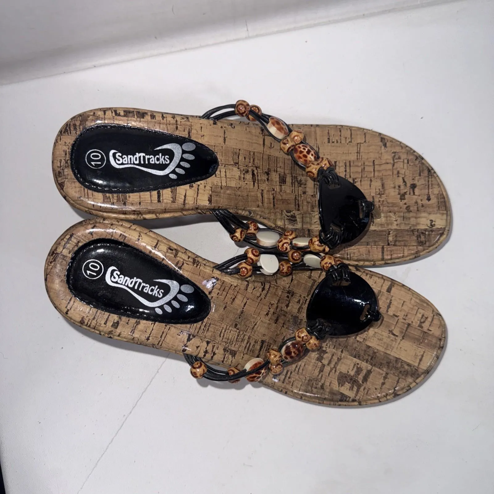 SandTracks Beach Beads Seashells Thongs Cork Wedge Women's Sandals 10 NEW Black - Image 2