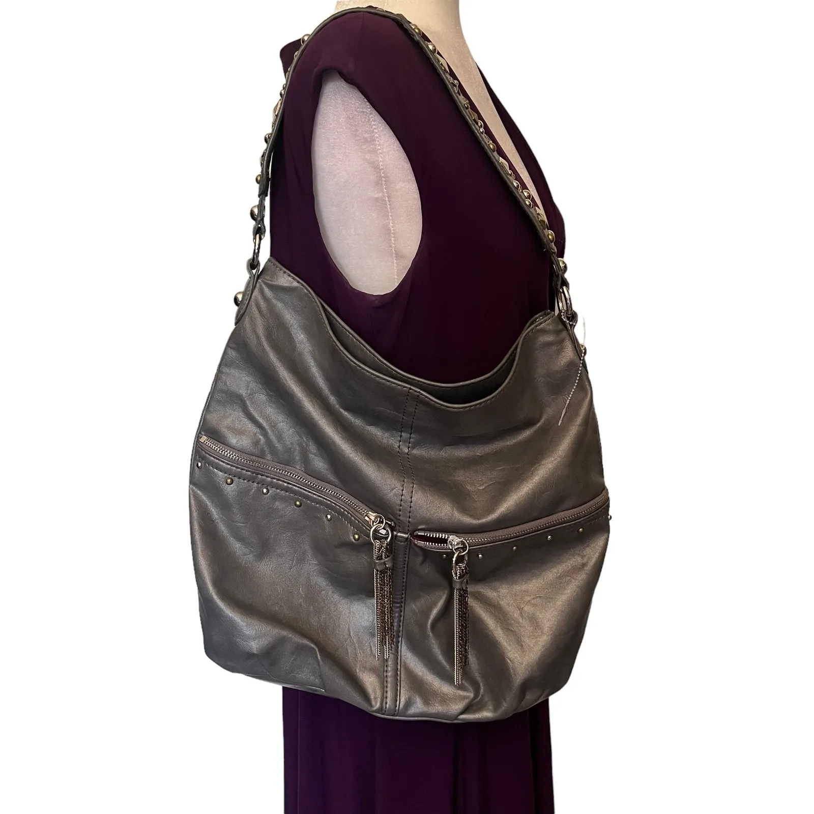 Nine West Faux Leather Y2K Boho Tote Bag Purse Gray Tassels Slouch Studded Hobo - Image 2