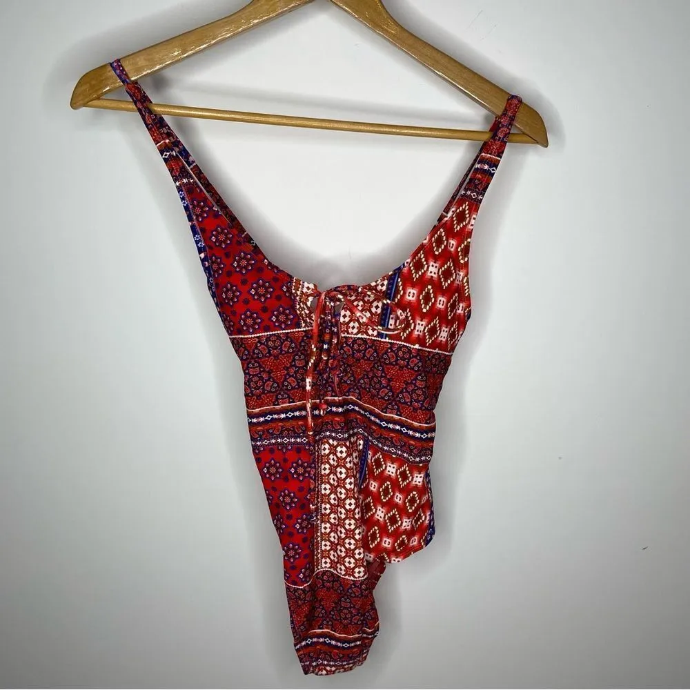 New Indigo Rein Boho‎ Patchwork Paisley One Piece Swimsuit Swim Strappy Print L - Image 4