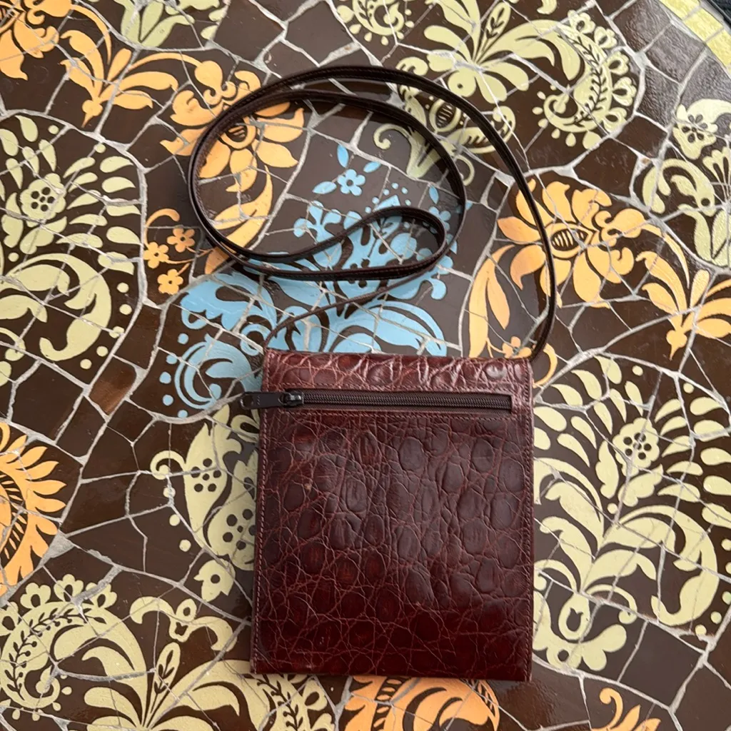 TUSK LEATHER CROC EMBOSSED CROSSBODY WALLET/PURSE Brown - Image 3