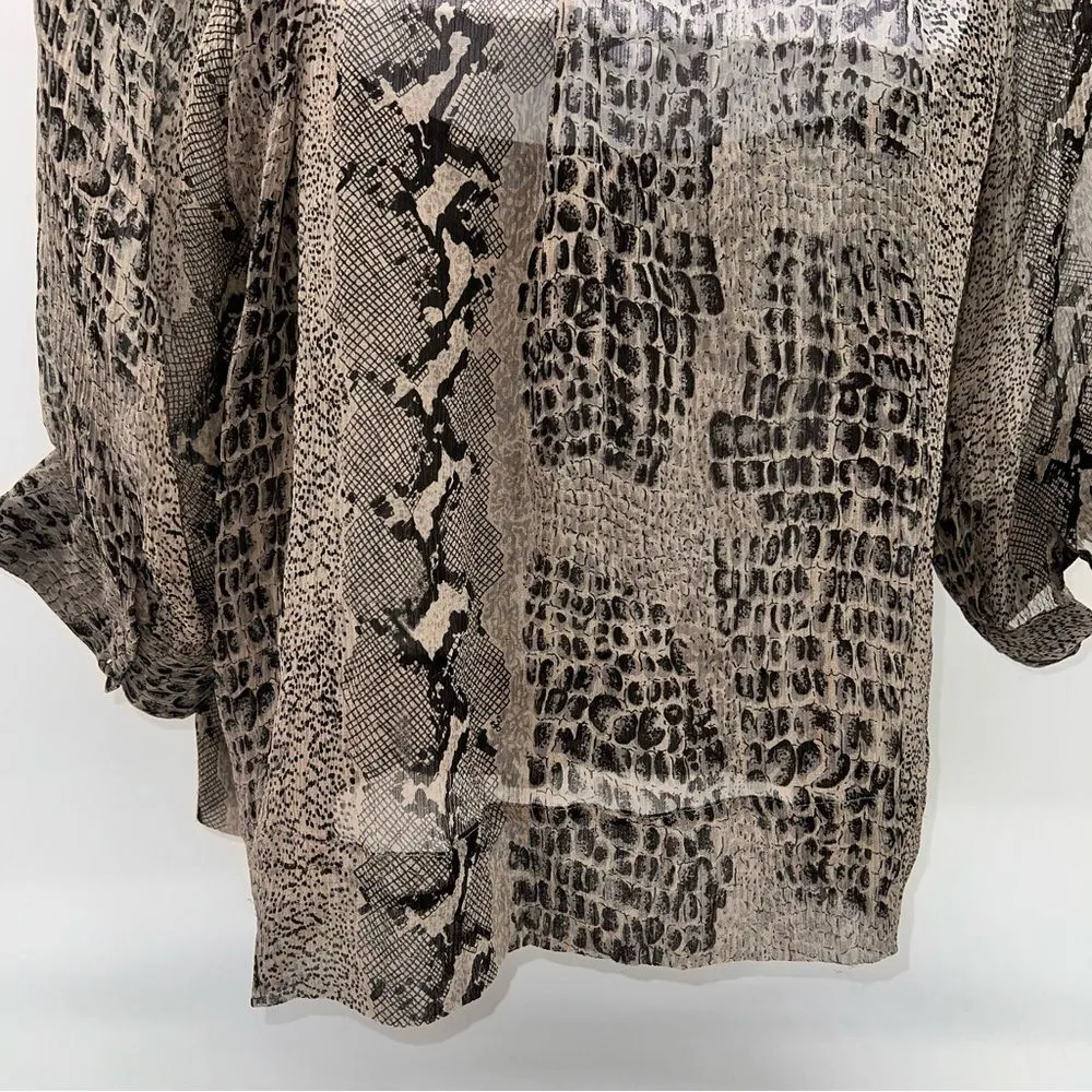 Banana Republic Women's Sheer Croc Print Blouse 3/4 Sleeve-Brown/Black Tone-Sz L - Image 7