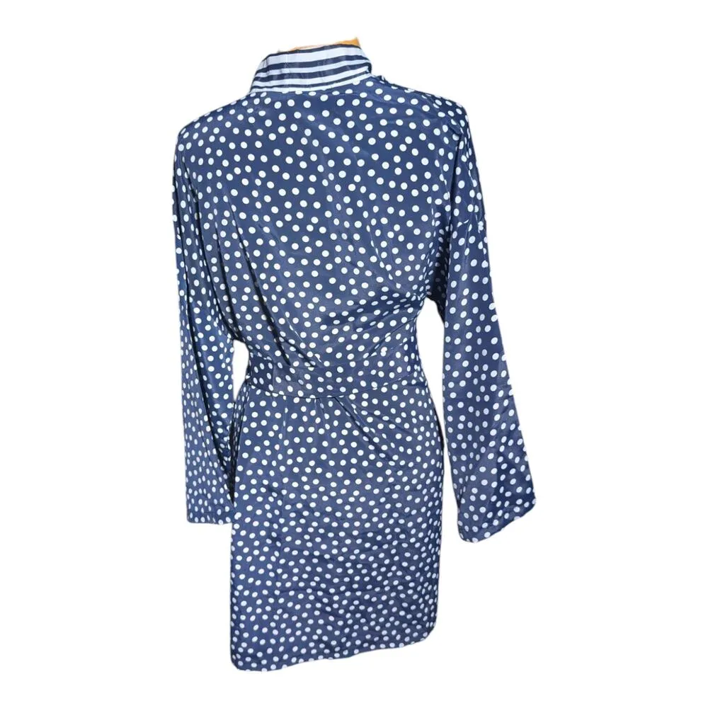 Vtg 1990s Amelia's Navy Blue White Polka Dot Long Sleeve Short Wrap Robe Sz L Size L - Image 3