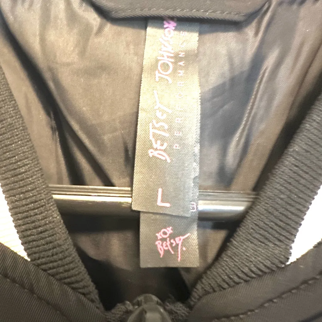 EUC Betsy Johnson Black Bomber Jacket with White Stripes - Image 4