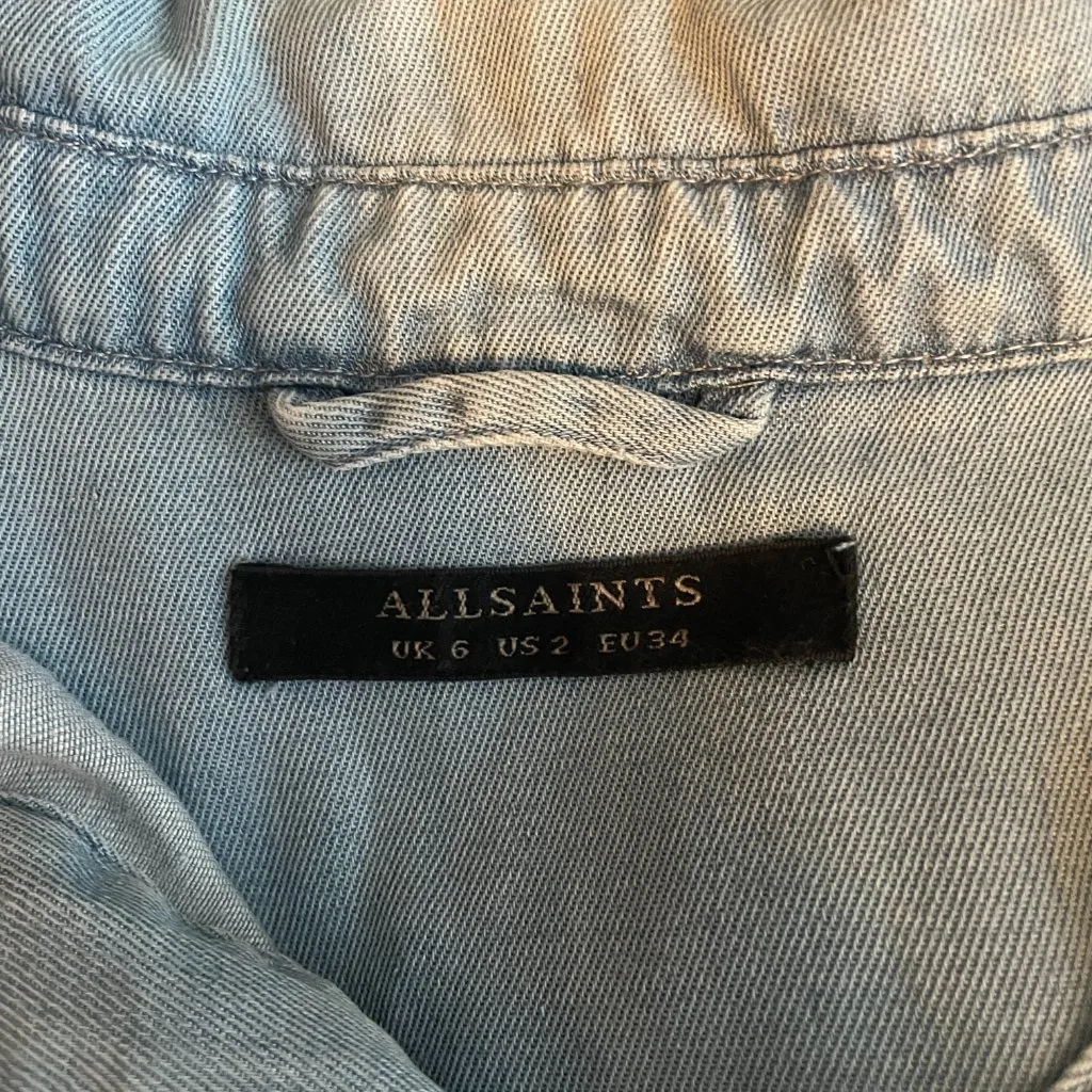 All Saints Women 2 Blue Denim Chambray Calla Bay Shirt Dress Snaps Tie Waist - Image 7