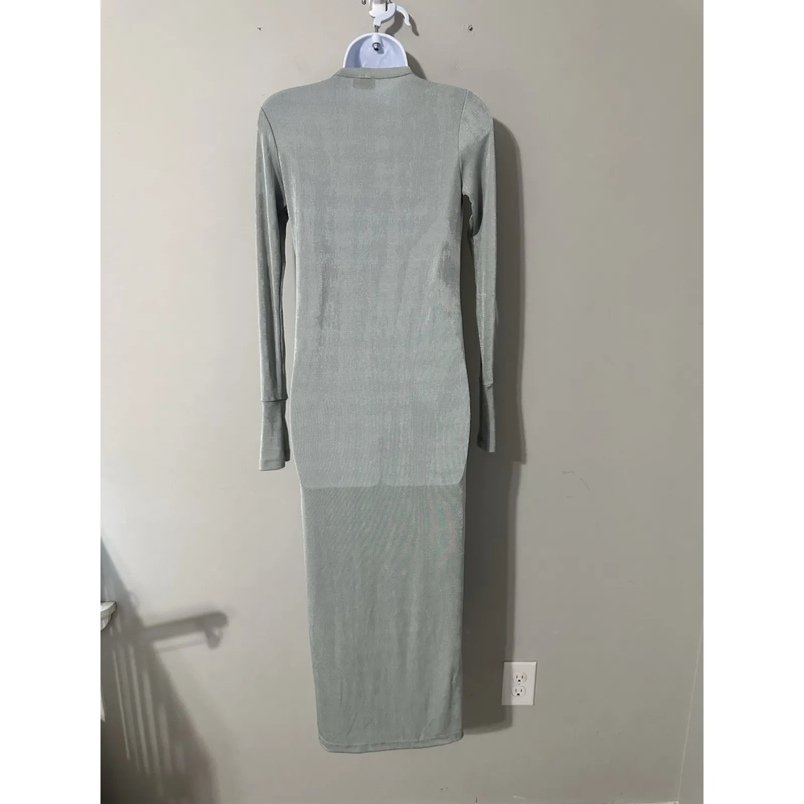 ALIX‎ NYC Shimmer Sage Green Button Front Crown Cardigan Midi Dress Bodycon Sz S Blue - Image 5