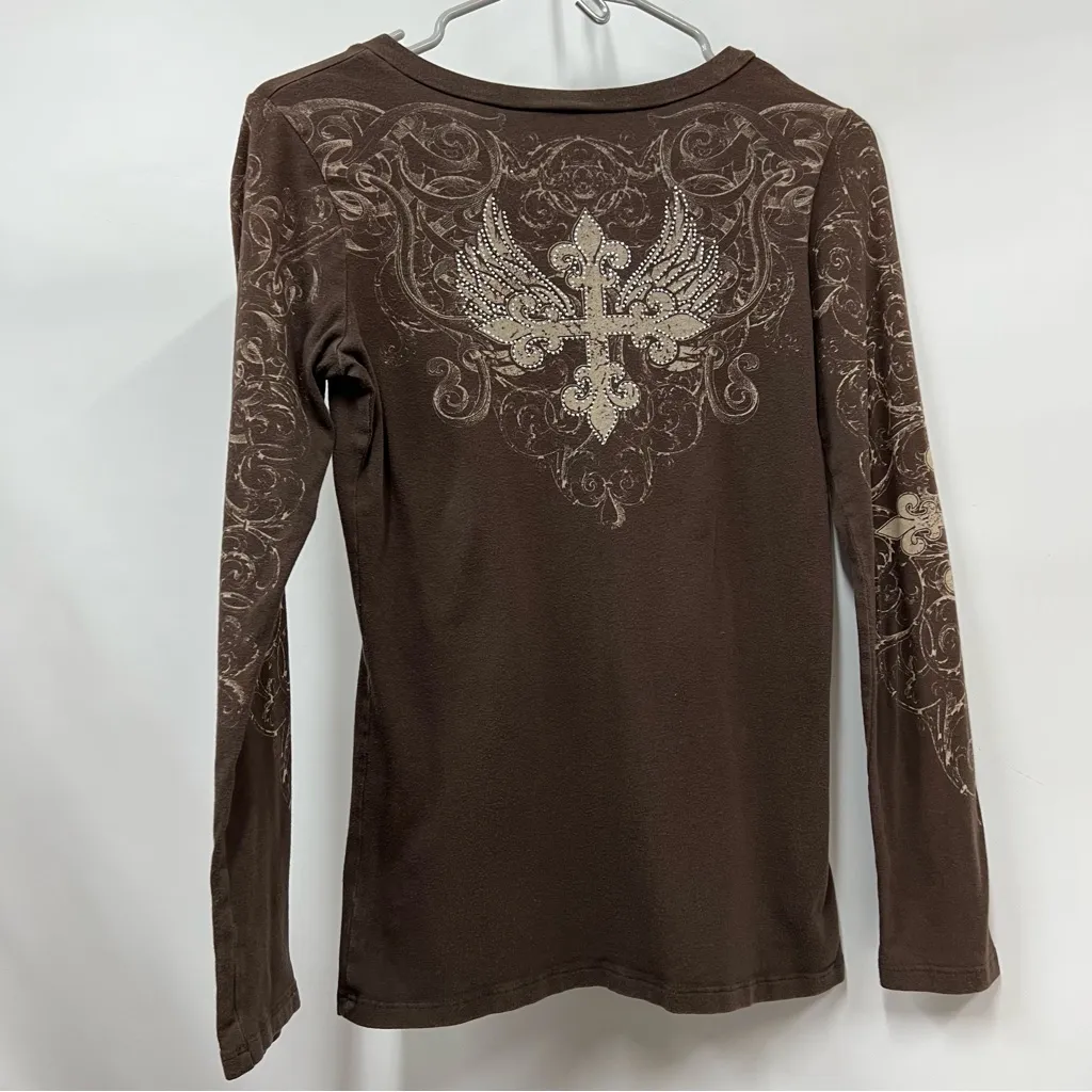 Katydid Long Sleeve cross wings studded rhinestones affliction style Read desc. Brown - Image 9