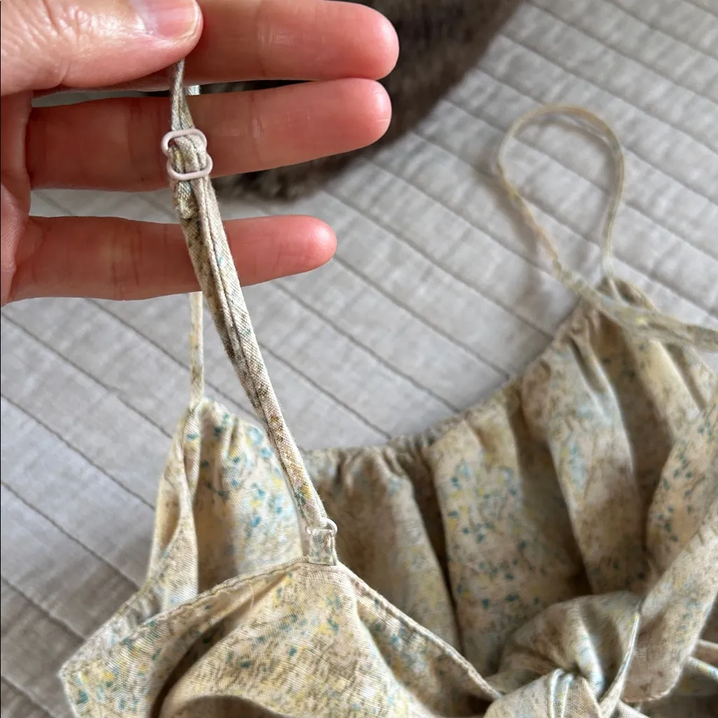 H&M linen blend neutral, earthy cottage tie back earthy boho mini dress XS - Image 7