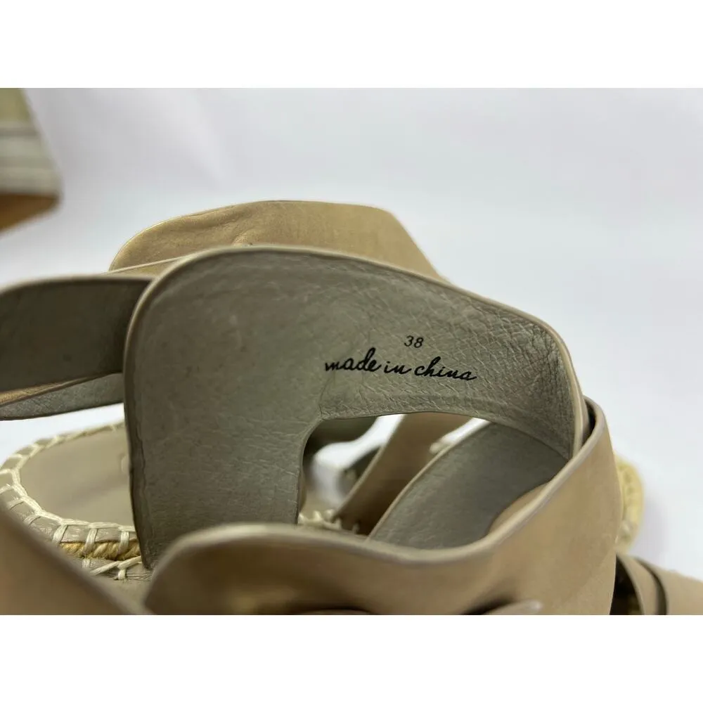 Joie Kaelyn Nude Leather Espadrille Wedge Sandals 38 Crisscross Ankle Strap Heel - Image 10