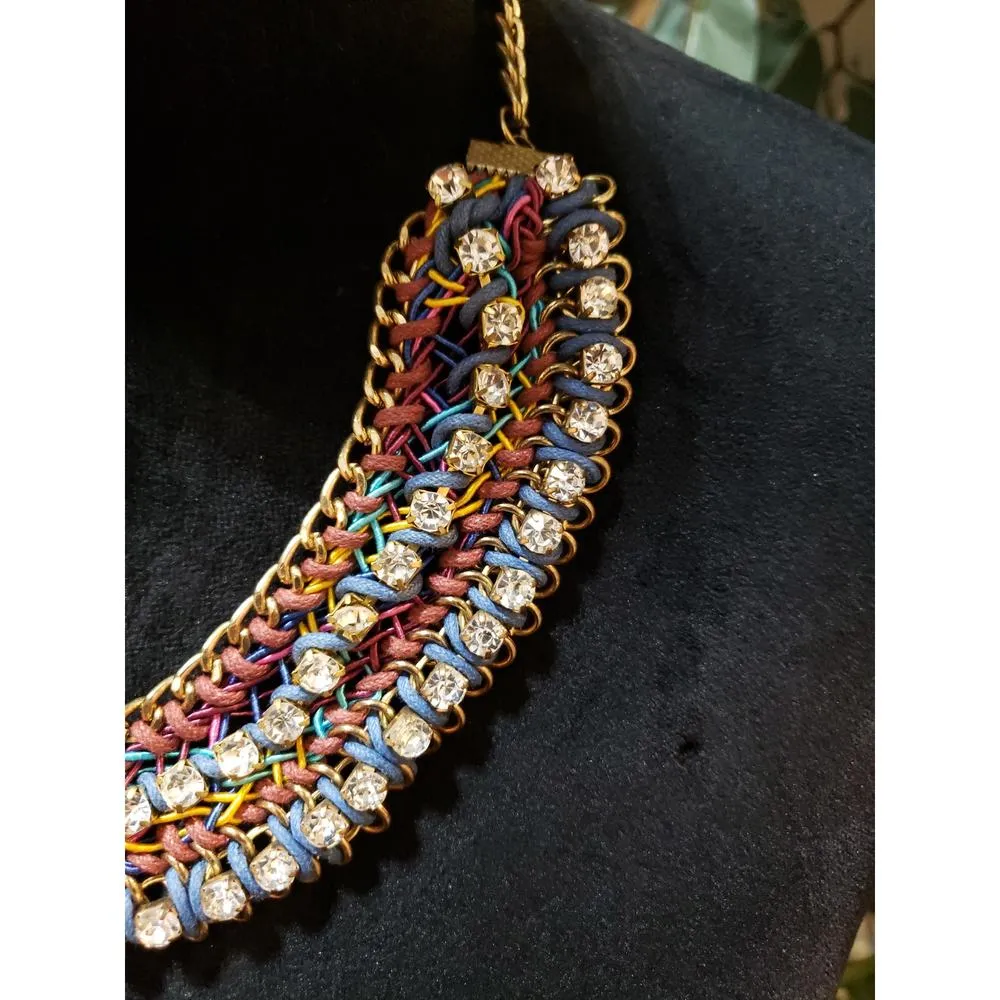 Womens Gold Metal Neon Corded Clear Rhinestone Summer Chain Mantle Necklace Pink - Image 4