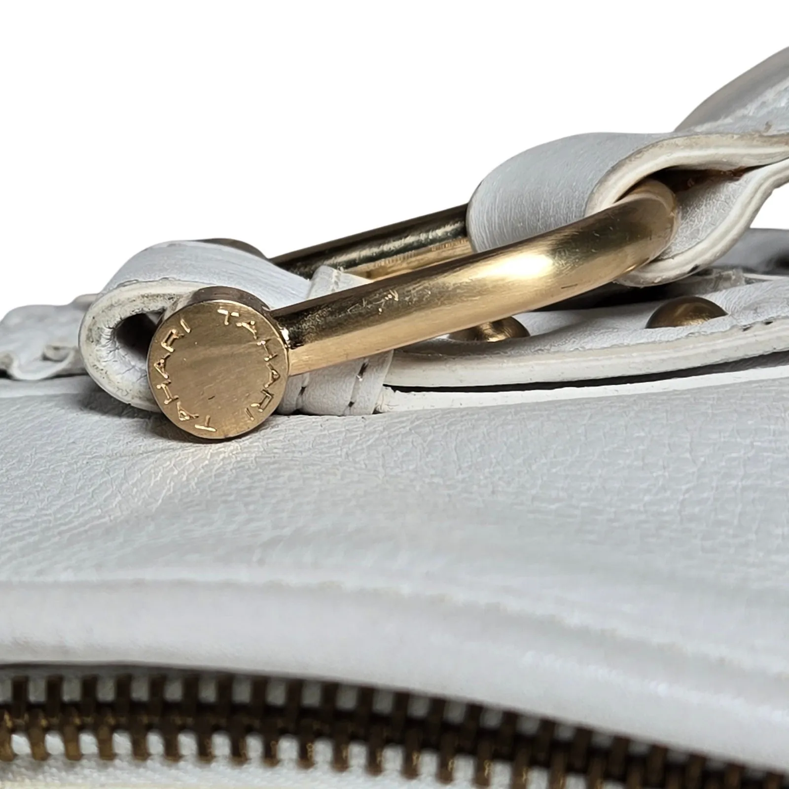 Tahari White Leather Ruffle Accent‎ Tote Bag Shoulder Bag Gold Hardware Dome - Image 6