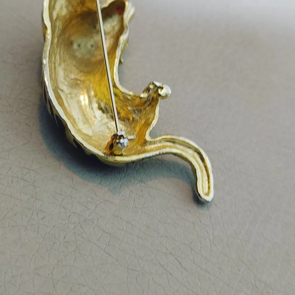 Long Tiger Brooch Black Enamel Stripe Vintage Gold Tone Emerald Green Eye 3 Inch - Image 3