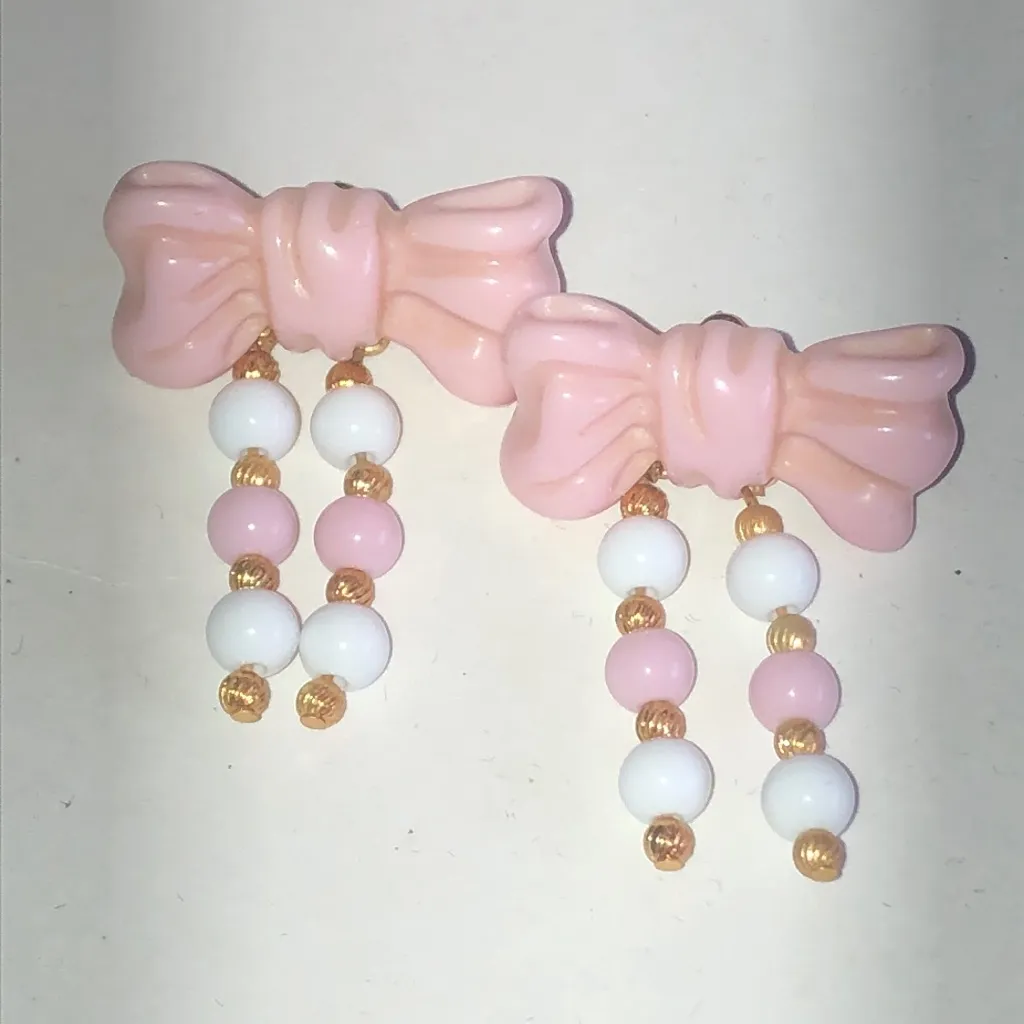 Vintage Pink Bow Earrings with Beaded Boho Dangles - Image 2