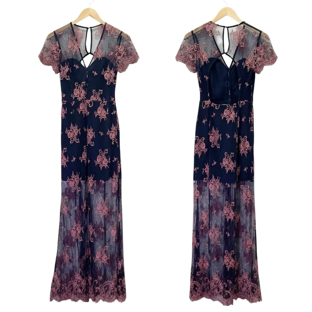 Lovers + Friends Shoreline Maxi Dress Navy Pink Lace Size Small Sheer Floral - Image 10