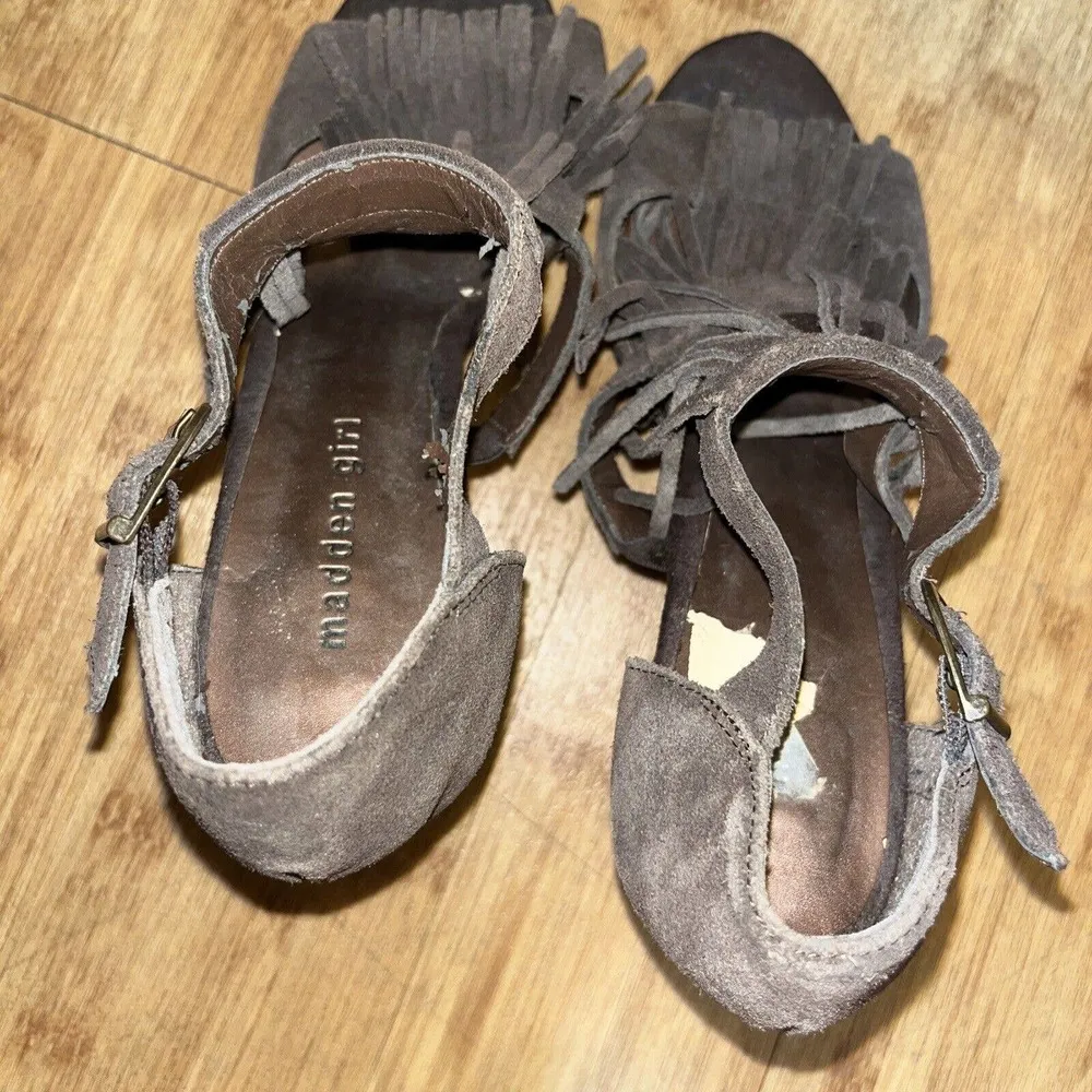 Steve Madden Girl Brown Suede Fringe Open Toe heels Size 8.5 Pracila Dress Shoes - Image 4