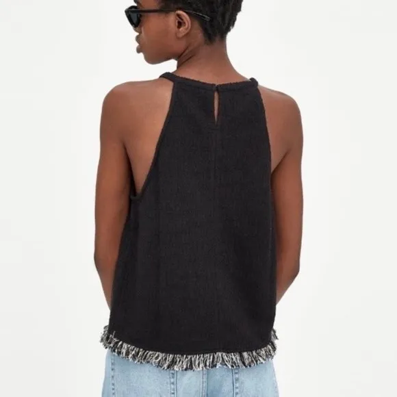 Zara black tweed halter top with fringe hem women's size small - Image 2