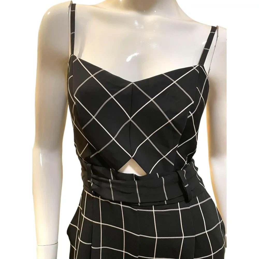 Y2K Black White Plaid Sleeveless Jumpsuit Medium-Contempo Plaid Belted Jumpsuit - Image 10