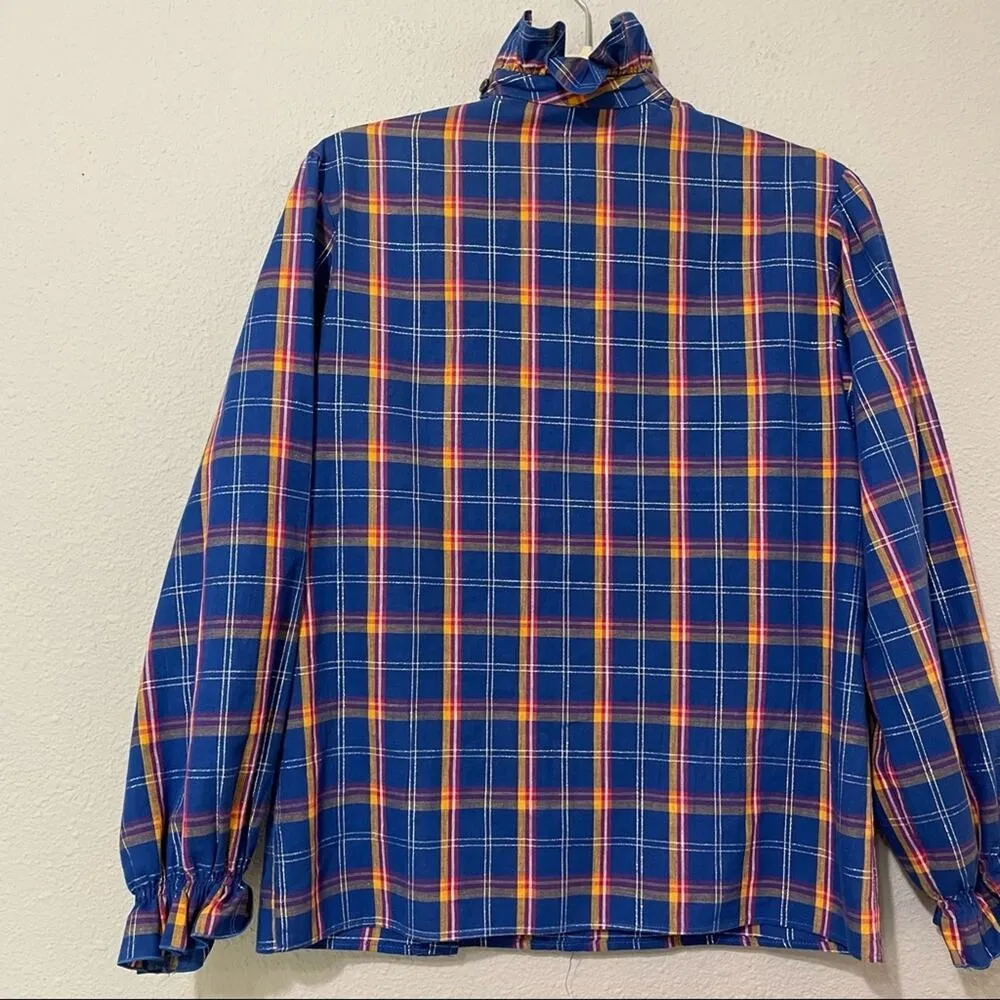 Vintage Blue & Orange Plaid Ruffled Asymmetrical Button Up Blouse Womens S 70s - Image 4
