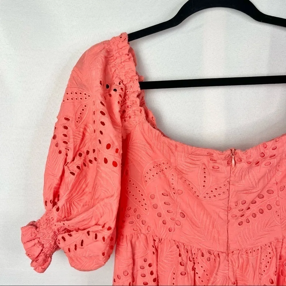 Waimari Belmond Coral Pink Puff Sleeve Eyelet Lace Peasant Maxi Dress M Size M - Image 9