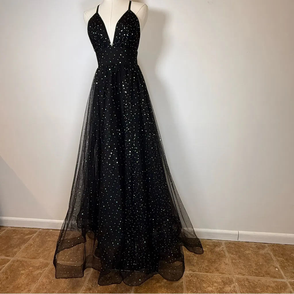 Windsor ‘Vanessa’ V-Neck Iridescent Sequin Black Tulle Flowy Gown Women’s Small - Image 5