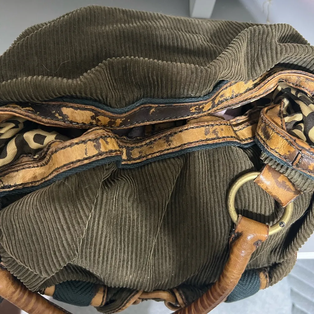 Marc by Marc Jacobs Corduroy Shoulder Bag Satchel Brown Green Leather Trim - Image 3