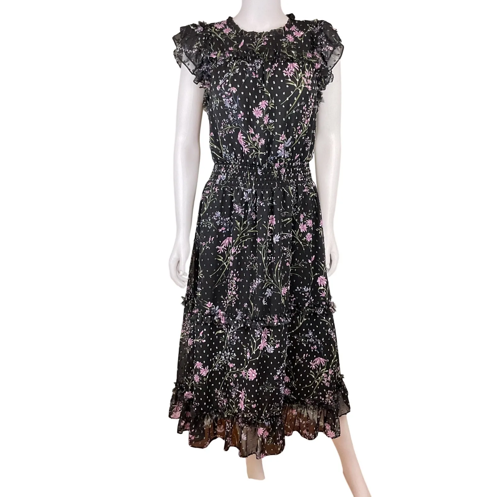 CeCe Black Floral Flutter Sleeve Smocked Waist Midi Dress Women's M - Image 4