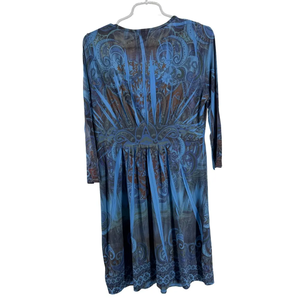 ONE WORLD Vibrant Blue Brown Long Sleeve studded dress tunic stretchy Y2K M - Image 2