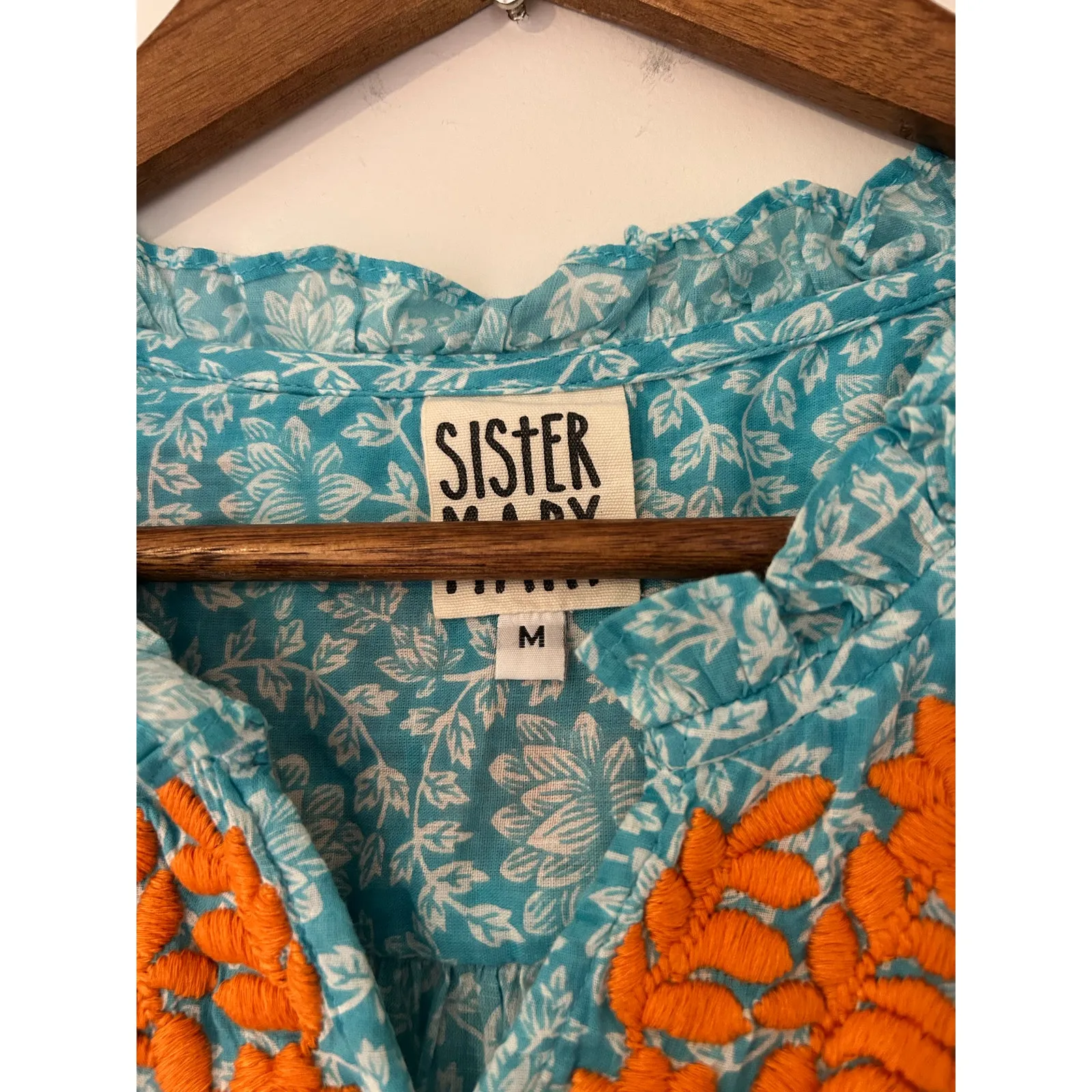 Ivy Jane Sister Mary M 100% Cotton Blue White Floral Embroidered Orange Blouse Size M - Image 5