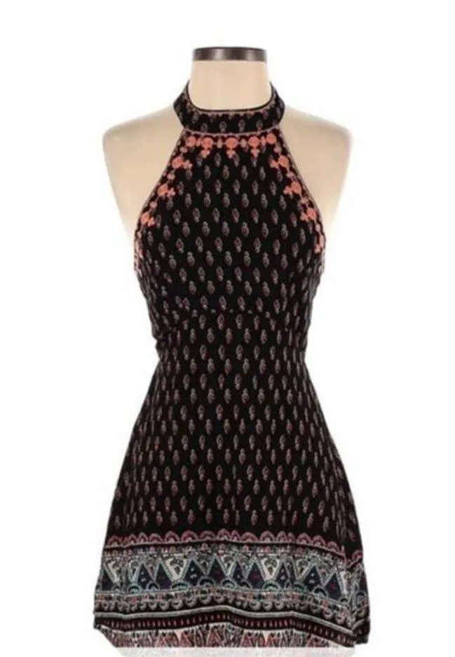 LF Millau Choker Tribal Boho Embroidered Halter Mini Dress Black Orange Medium - Image 12