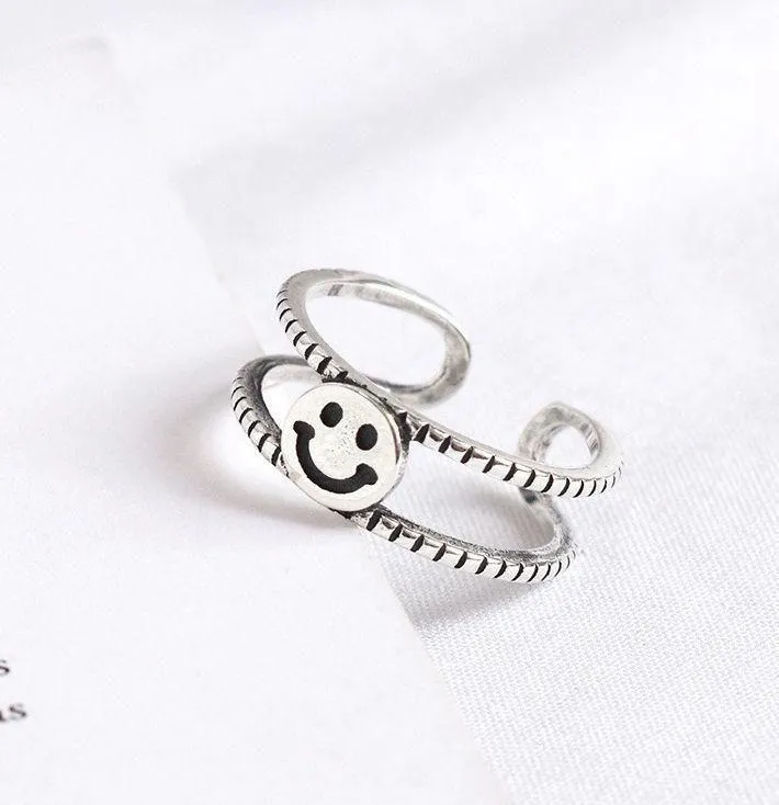 Unisex Smiley face ring silver ring sterling silver ring happy face ring adjustable ring simple ring - Image 4