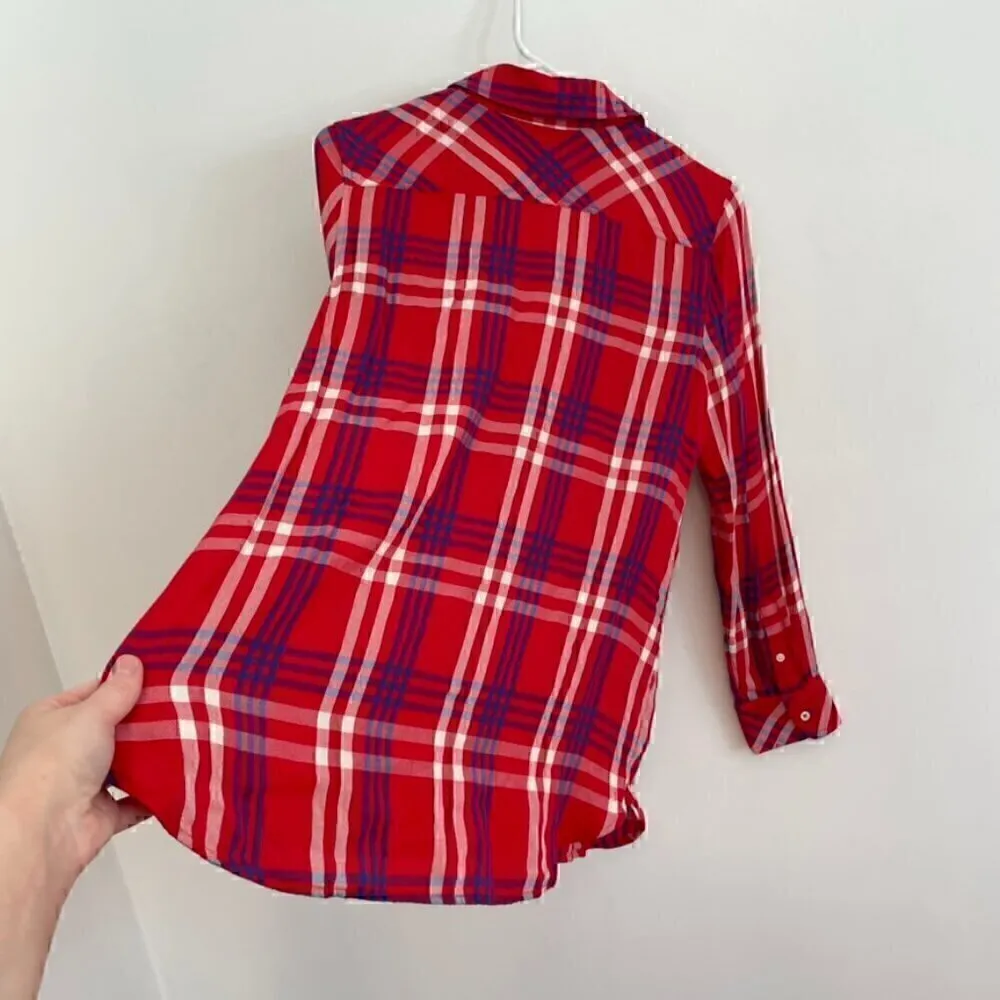 TALBOTS Red White Blue Plaid Long Sleeve 100% Rayon Button Down Shirt / Tunic S - Image 14